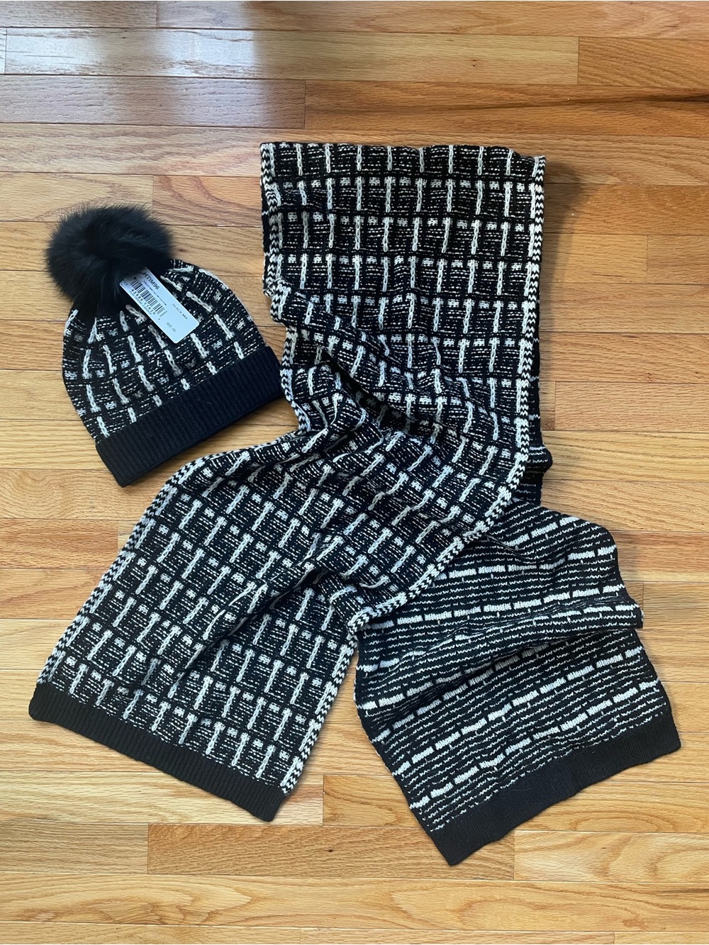 Mitchie’s Matchings Black & White Knit Beanie with Fox Pom and Scarf Set